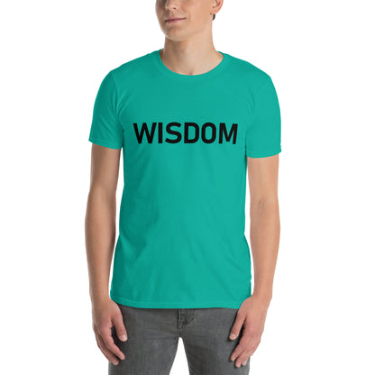 Unisex Softstyle T-Shirt (mandala with spokes in core on back | WISDOM in black lettering on front)
