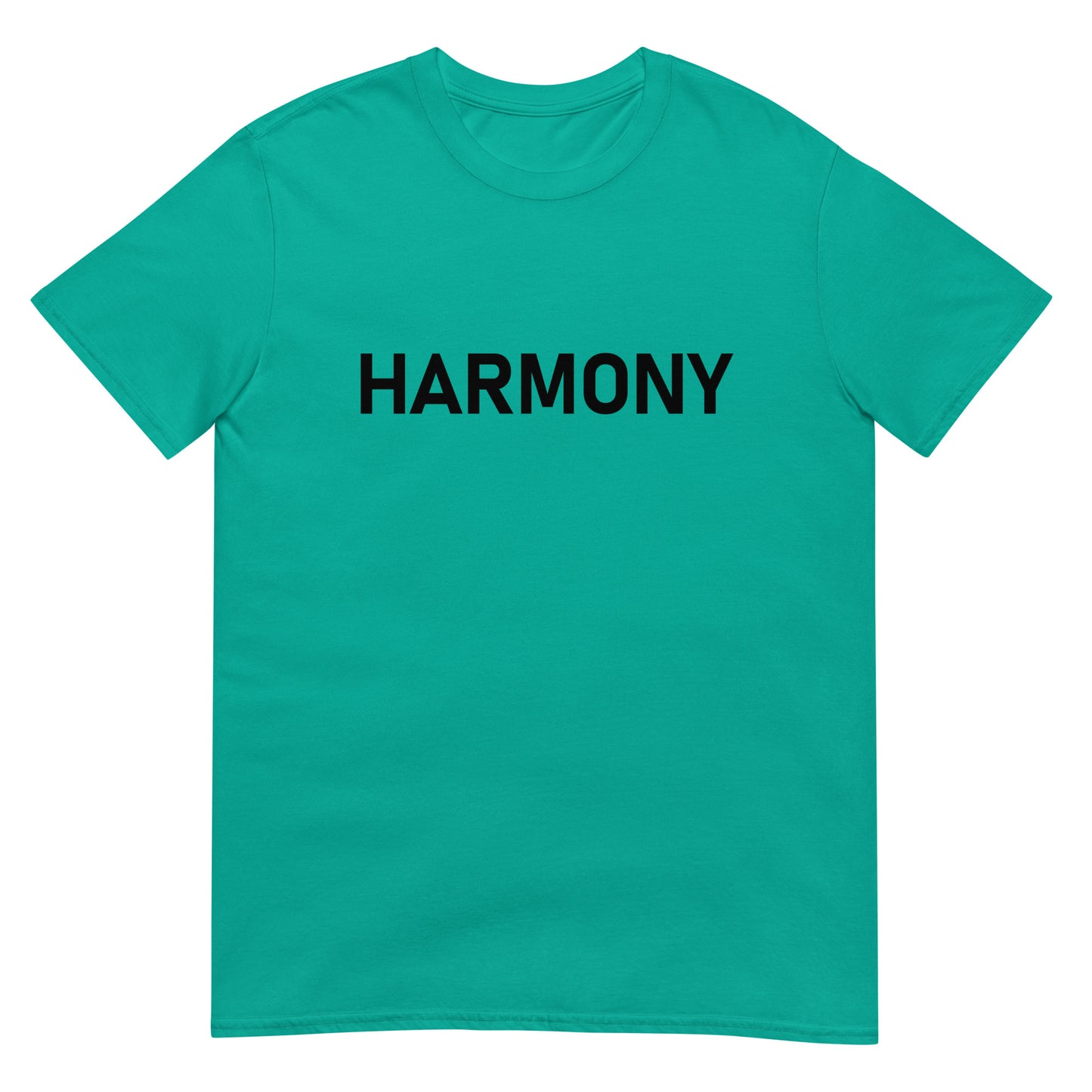Unisex Softstyle T-Shirt (mandala with green star on back | HARMONY in black lettering on front)