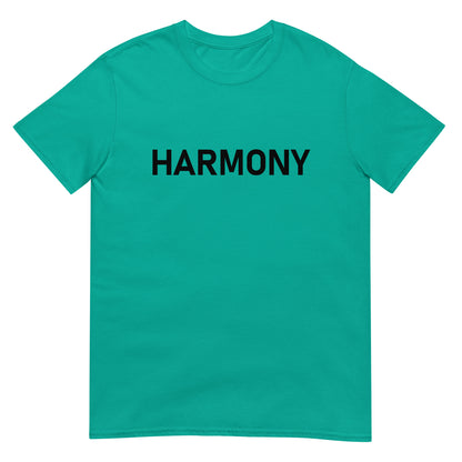 Unisex Softstyle T-Shirt (mandala with green star on back | HARMONY in black lettering on front)