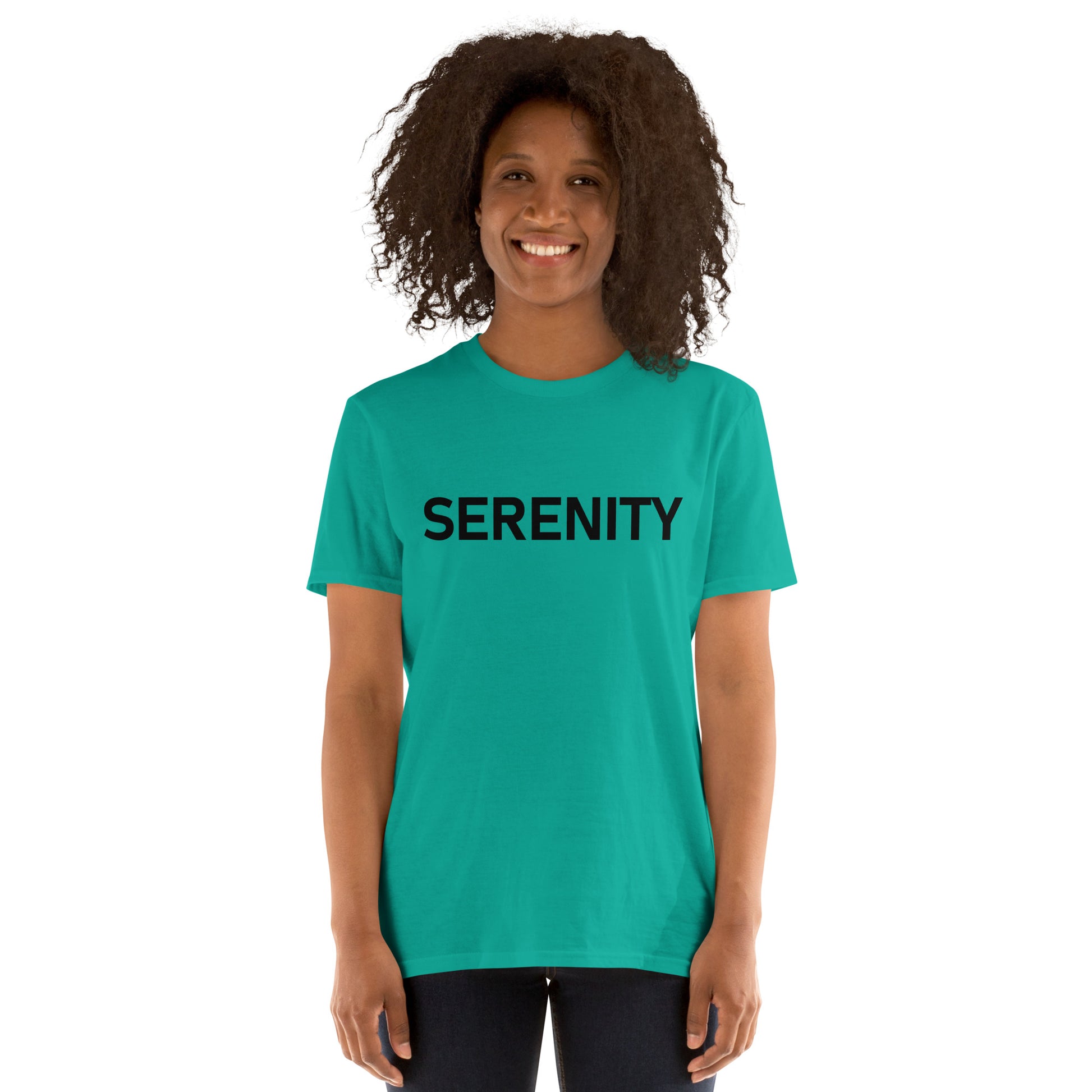 Unisex Softstyle T-Shirt (mandala with blue and white core on back | SERENITY in black lettering on front)