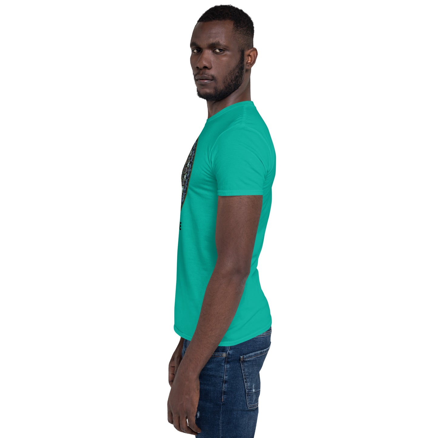 Unisex Softstyle T-Shirt (mandala green and gold rim | on front | GRATITUDE in black lettering)