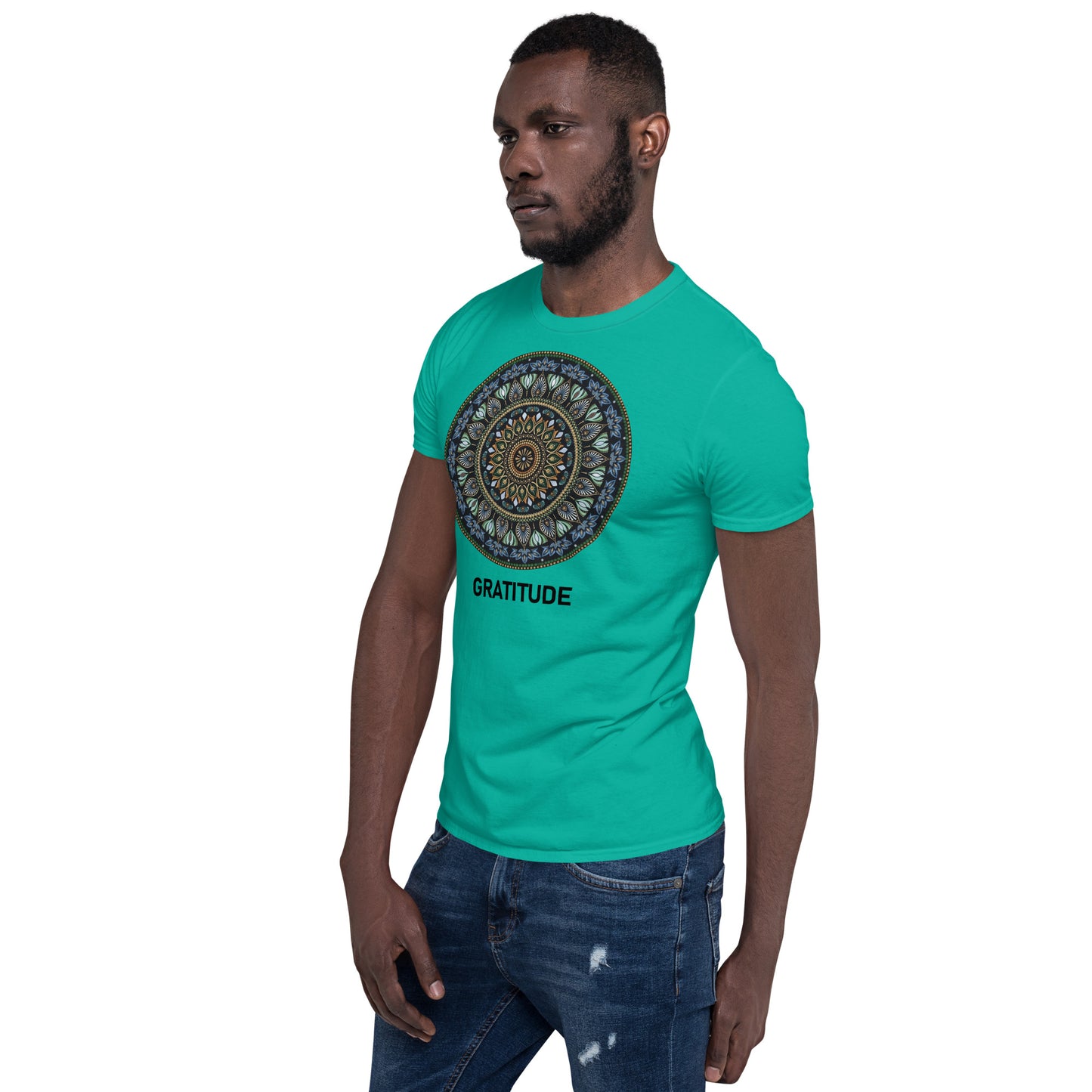 Unisex Softstyle T-Shirt (mandala green and gold rim | on front | GRATITUDE in black lettering)