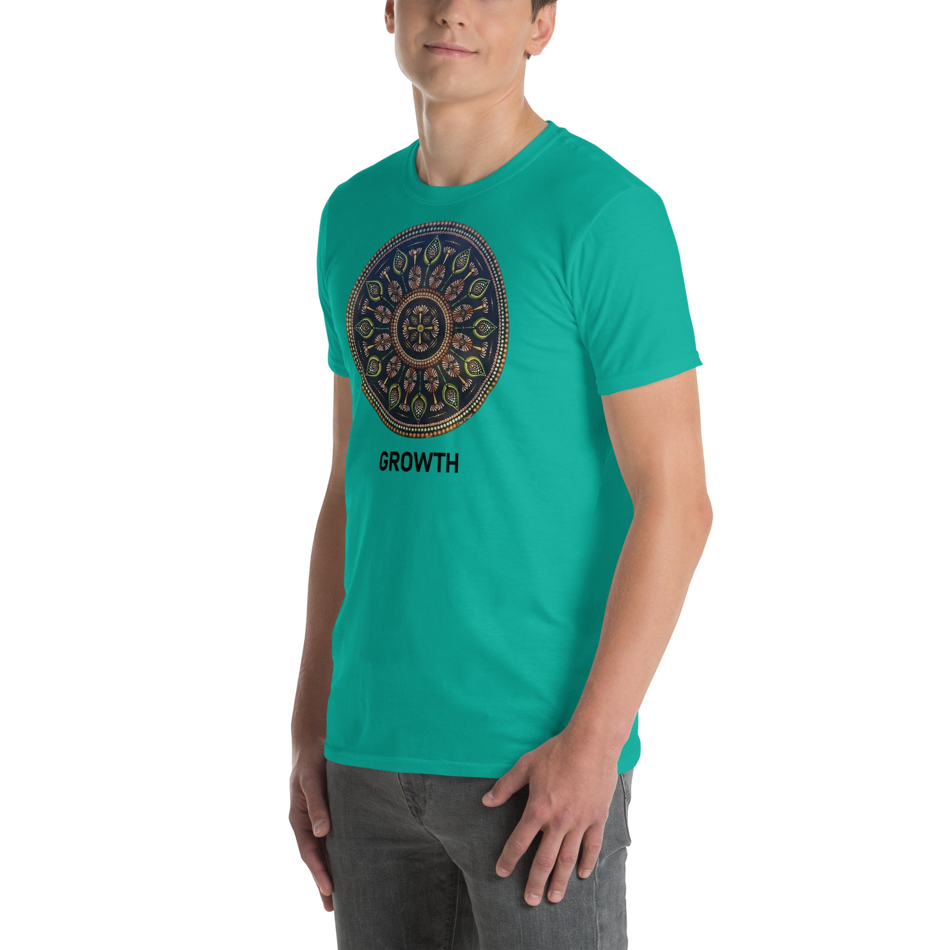Unisex Softstyle T-Shirt (mandala with cross in the core | on front | GROWTH in black lettering)