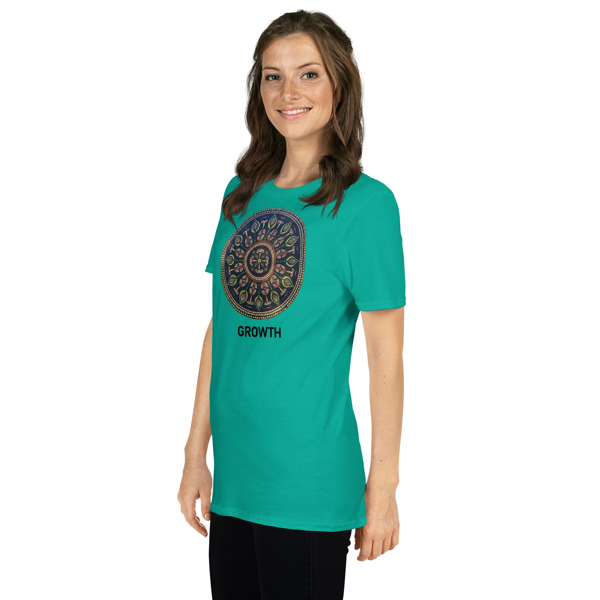Unisex Softstyle T-Shirt (mandala with cross in the core | on front | GROWTH in black lettering)