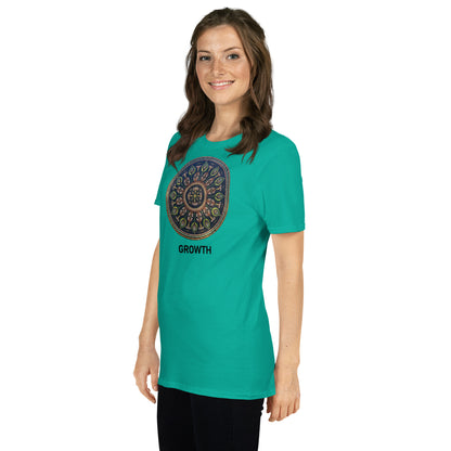 Unisex Softstyle T-Shirt (mandala with cross in the core | on front | GROWTH in black lettering)
