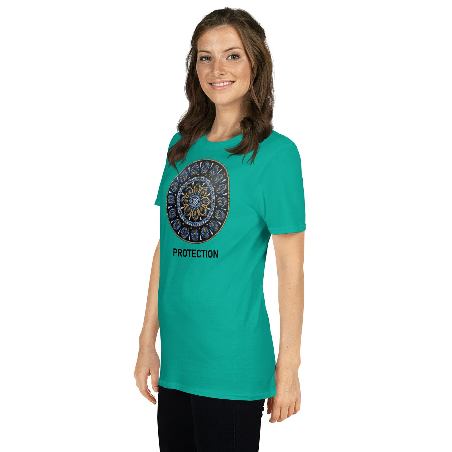 Unisex Softstyle T-Shirt (mandala with gold outer rim | on front | PROTECTION in black lettering)