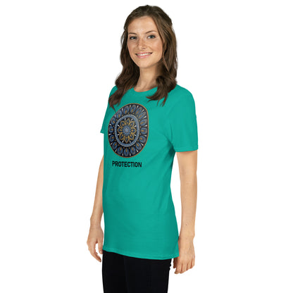 Unisex Softstyle T-Shirt (mandala with gold outer rim | on front | PROTECTION in black lettering)