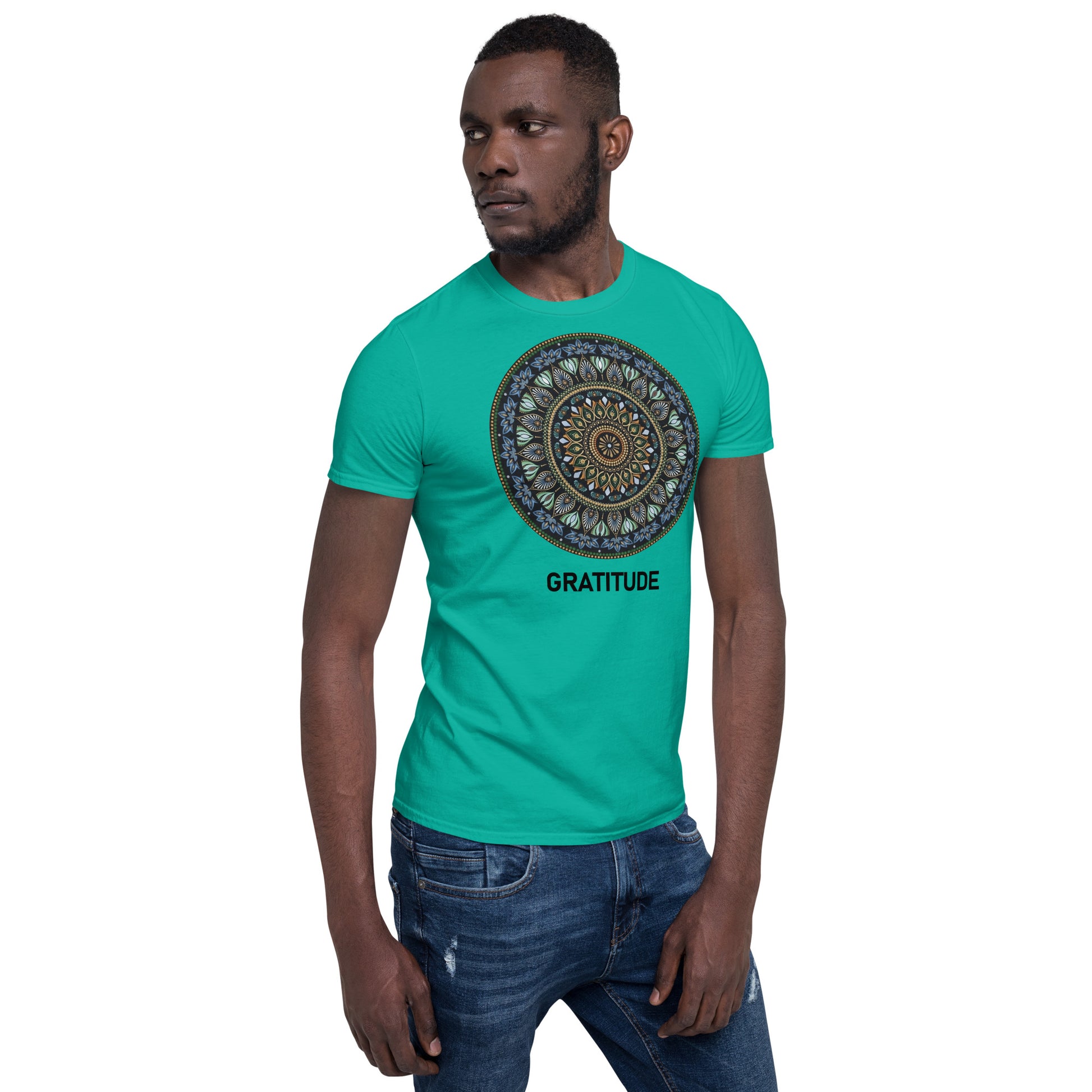 Unisex Softstyle T-Shirt (mandala green and gold rim | on front | GRATITUDE in black lettering)