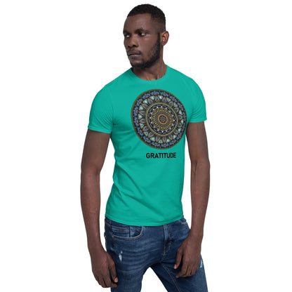 Unisex Softstyle T-Shirt (mandala green and gold rim | on front | GRATITUDE in black lettering)