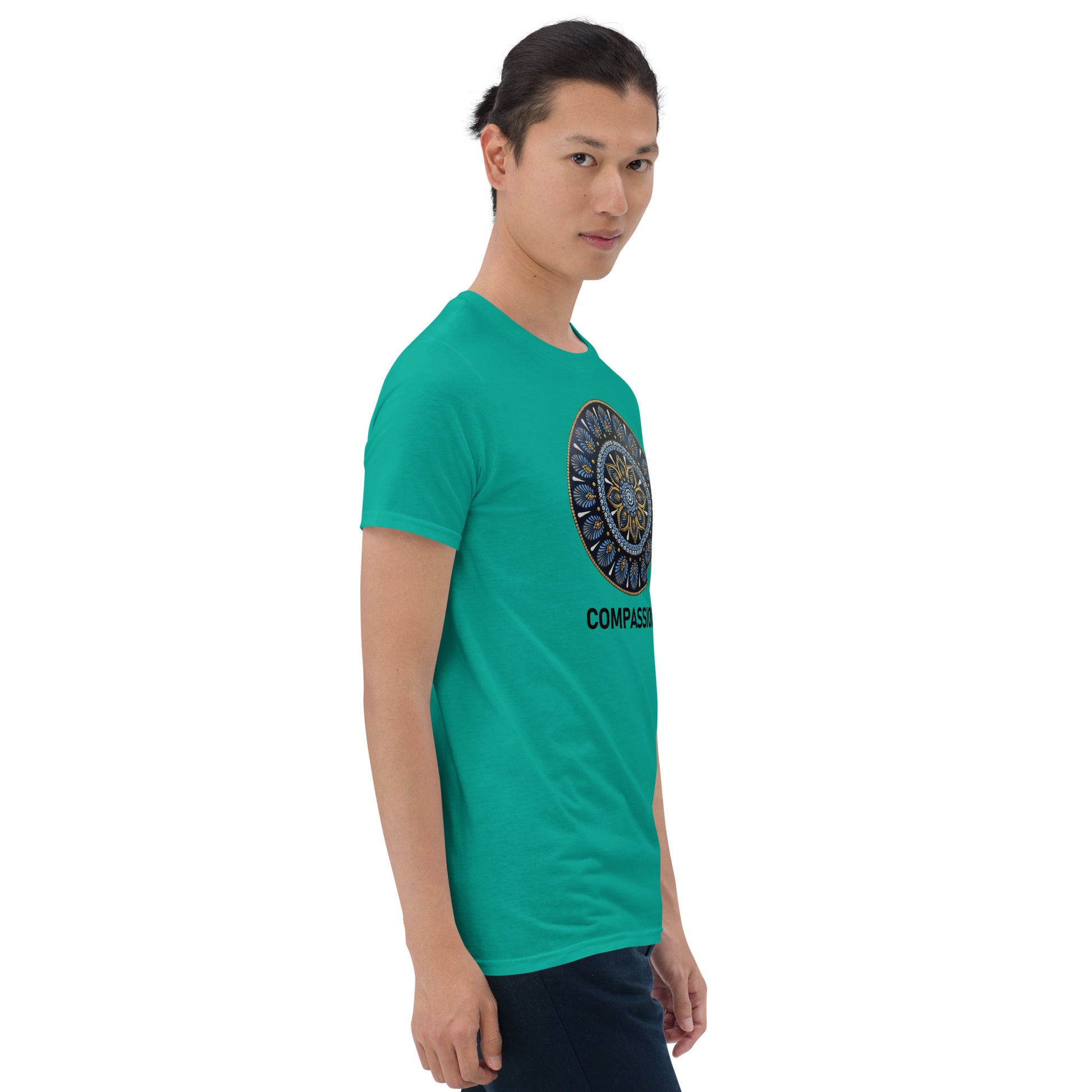 Unisex Softstyle T-Shirt (mandala with gold rim | on front | COMPASSION in black lettering)