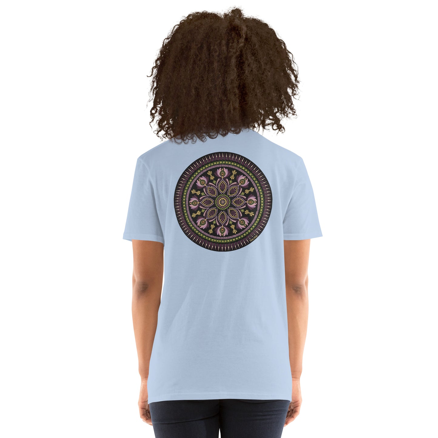 Unisex Softstyle T-Shirt (mandala with magenta rim on back | KINDNESS in black lettering on front)