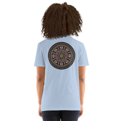 Unisex Softstyle T-Shirt (mandala with magenta rim on back | KINDNESS in black lettering on front)