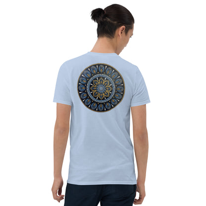 Unisex Softstyle T-Shirt (mandala with gold rim on back | PROTECTION in black lettering on front)