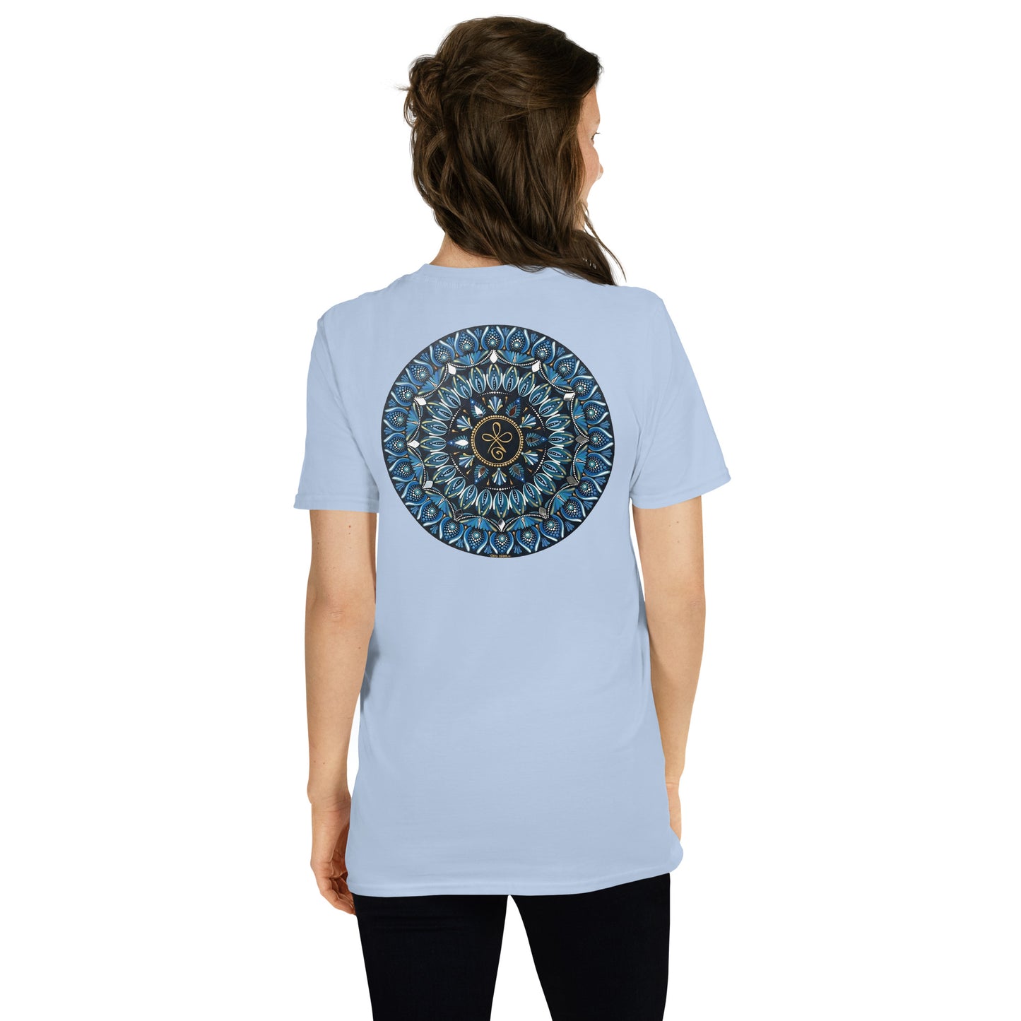 Unisex Softstyle T-Shirt (mandala with 3 loops in core on back | FAMILY in black lettering on front)