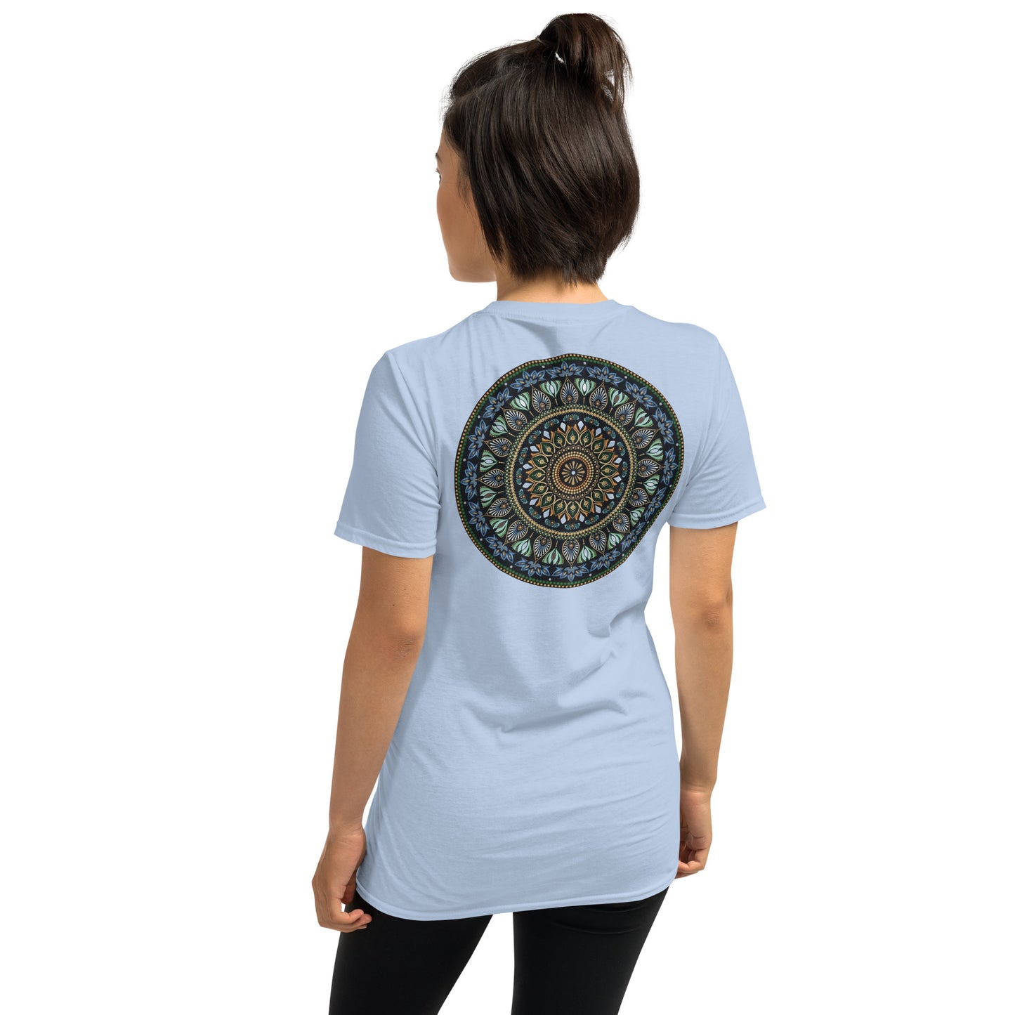 Unisex Softstyle T-Shirt (mandala green and gold rim on back | GRATITUDE in black lettering on front)