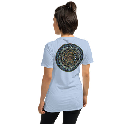 Unisex Softstyle T-Shirt (mandala green and gold rim on back | GRATITUDE in black lettering on front)
