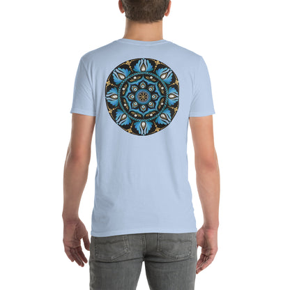 Unisex Softstyle T-Shirt (mandala with spokes in core on back | WISDOM in black lettering on front)