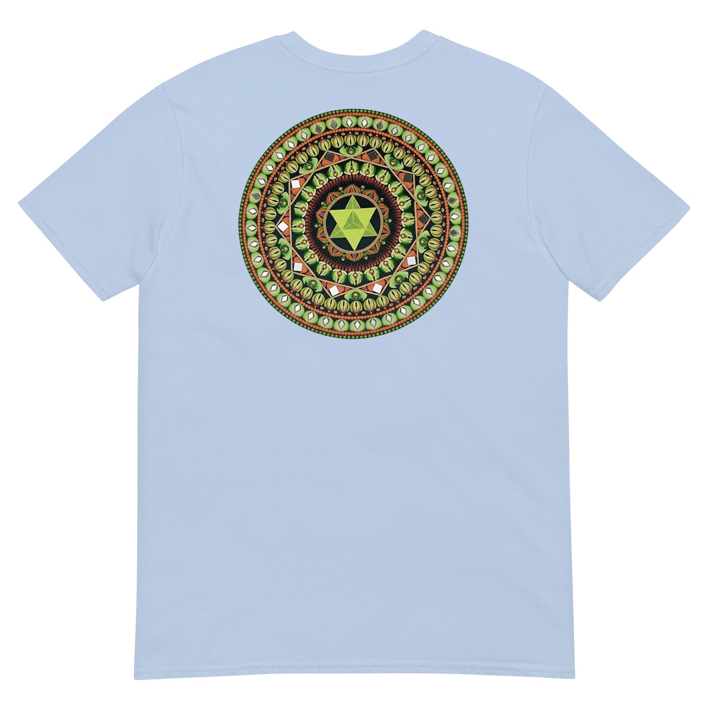 Unisex Softstyle T-Shirt (mandala with green star on back | HARMONY in black lettering on front)