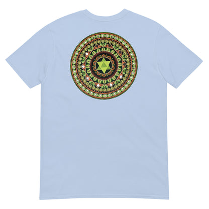 Unisex Softstyle T-Shirt (mandala with green star on back | HARMONY in black lettering on front)