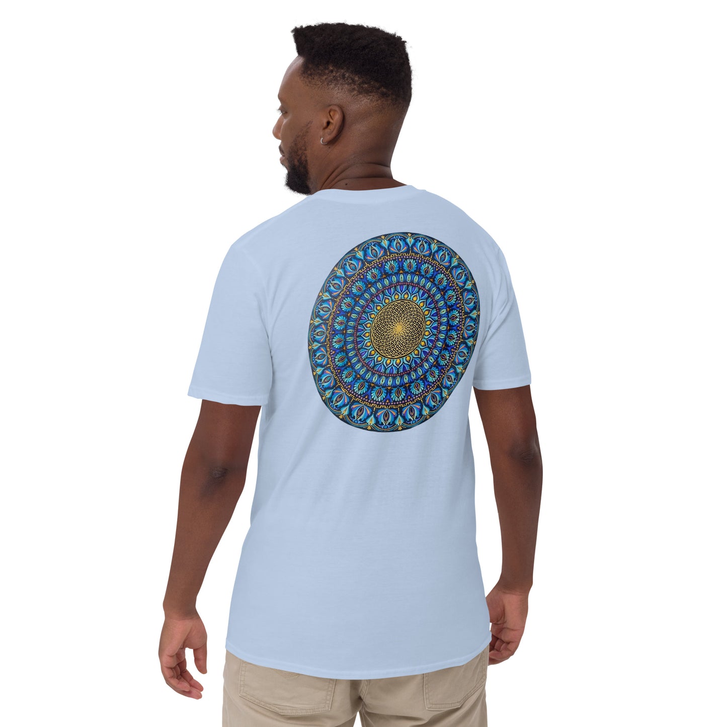 Unisex Softstyle T-Shirt (mandala with golden core on back | FLOW in black lettering on front)