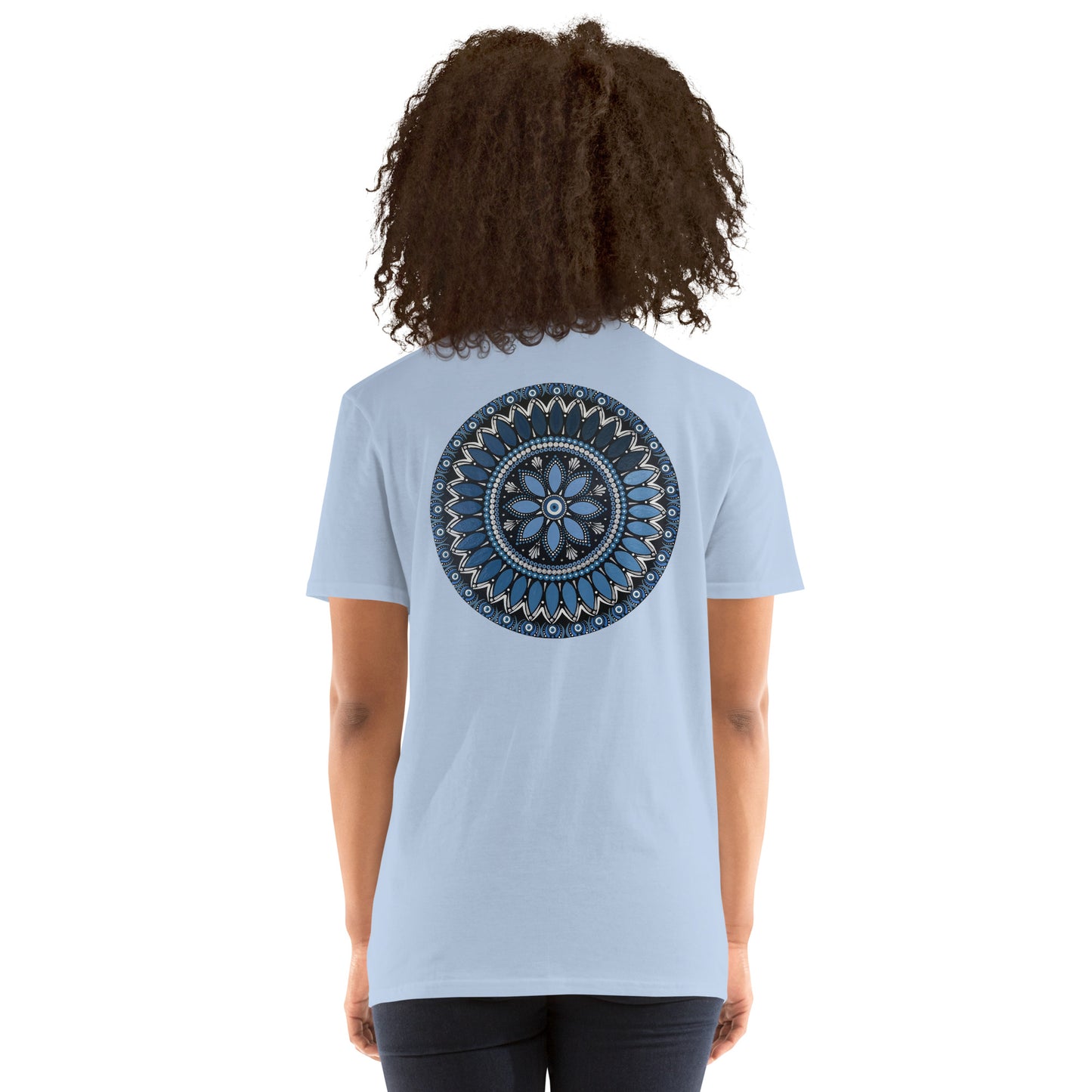 Unisex Softstyle T-Shirt (mandala with blue and white core on back | SERENITY in black lettering on front)