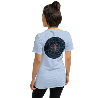 Unisex Softstyle T-Shirt (mandala with streams of light on back | EXPANSION in black lettering on front)