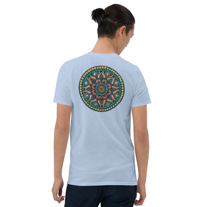 Unisex Softstyle T-Shirt (mandala with red core on back | PURPOSE in black lettering on front)