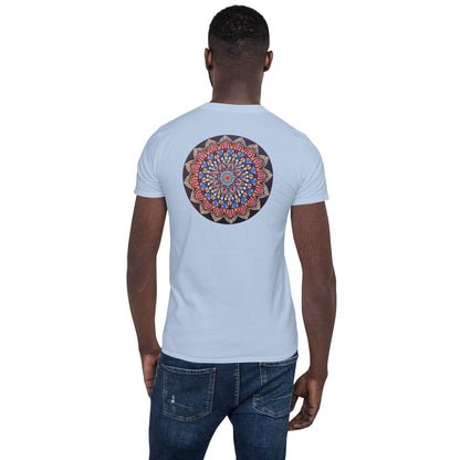 Unisex Softstyle T-Shirt (mandala with pink petals on back | VITALITY in black lettering on front)