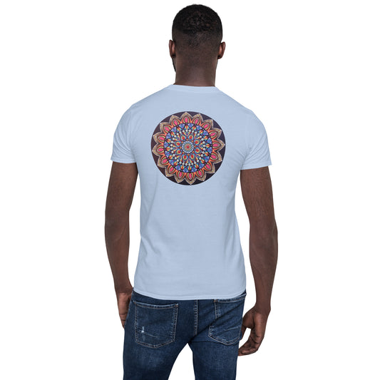 Unisex Softstyle T-Shirt (mandala with pink petals on back | VITALITY in black lettering on front)