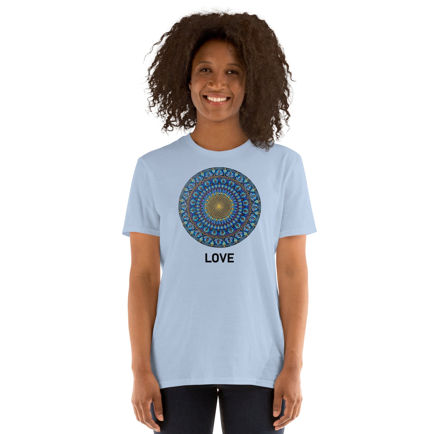 Unisex Softstyle T-Shirt (mandala with golden core | on front | LOVE in black lettering)