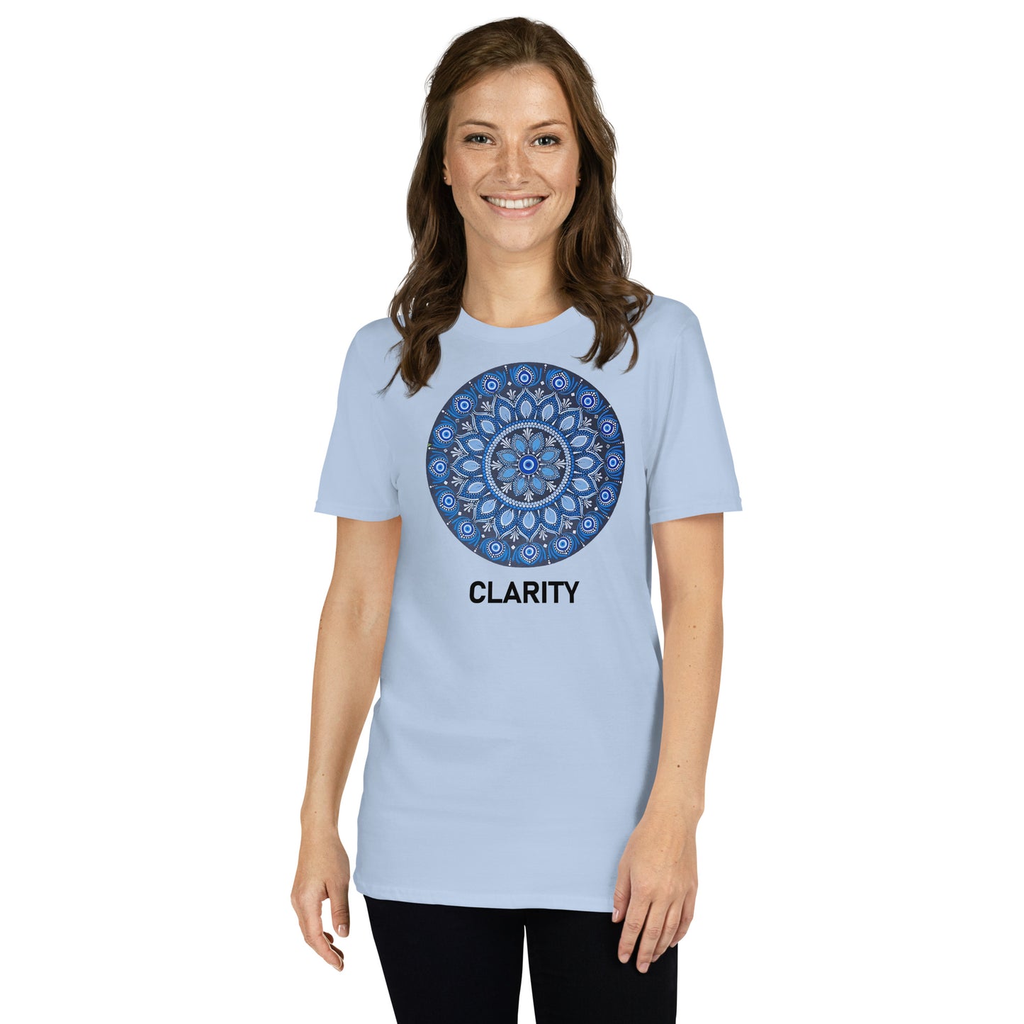 Unisex Softstyle T-Shirt (all blue mandala | on front | CLARITY in black lettering)