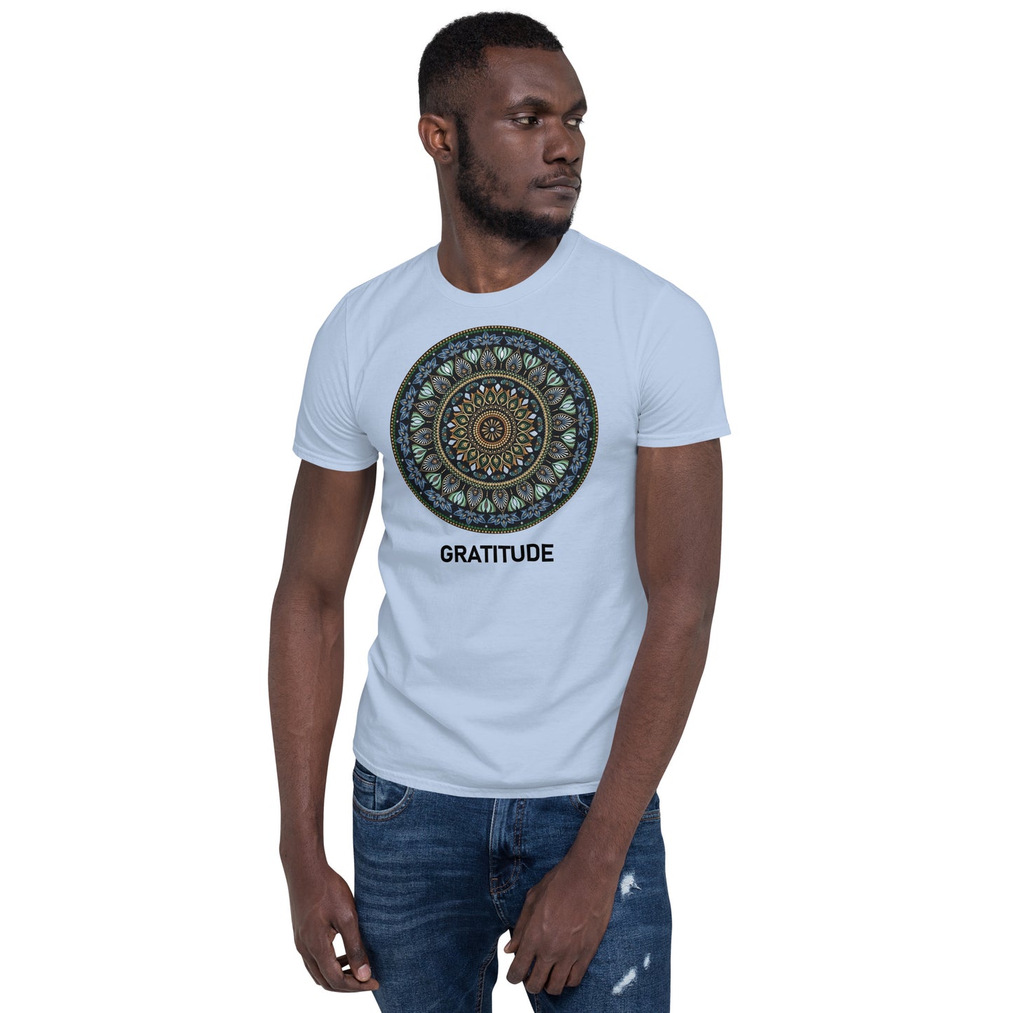 Unisex Softstyle T-Shirt (mandala green and gold rim | on front | GRATITUDE in black lettering)