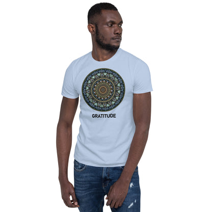 Unisex Softstyle T-Shirt (mandala green and gold rim | on front | GRATITUDE in black lettering)