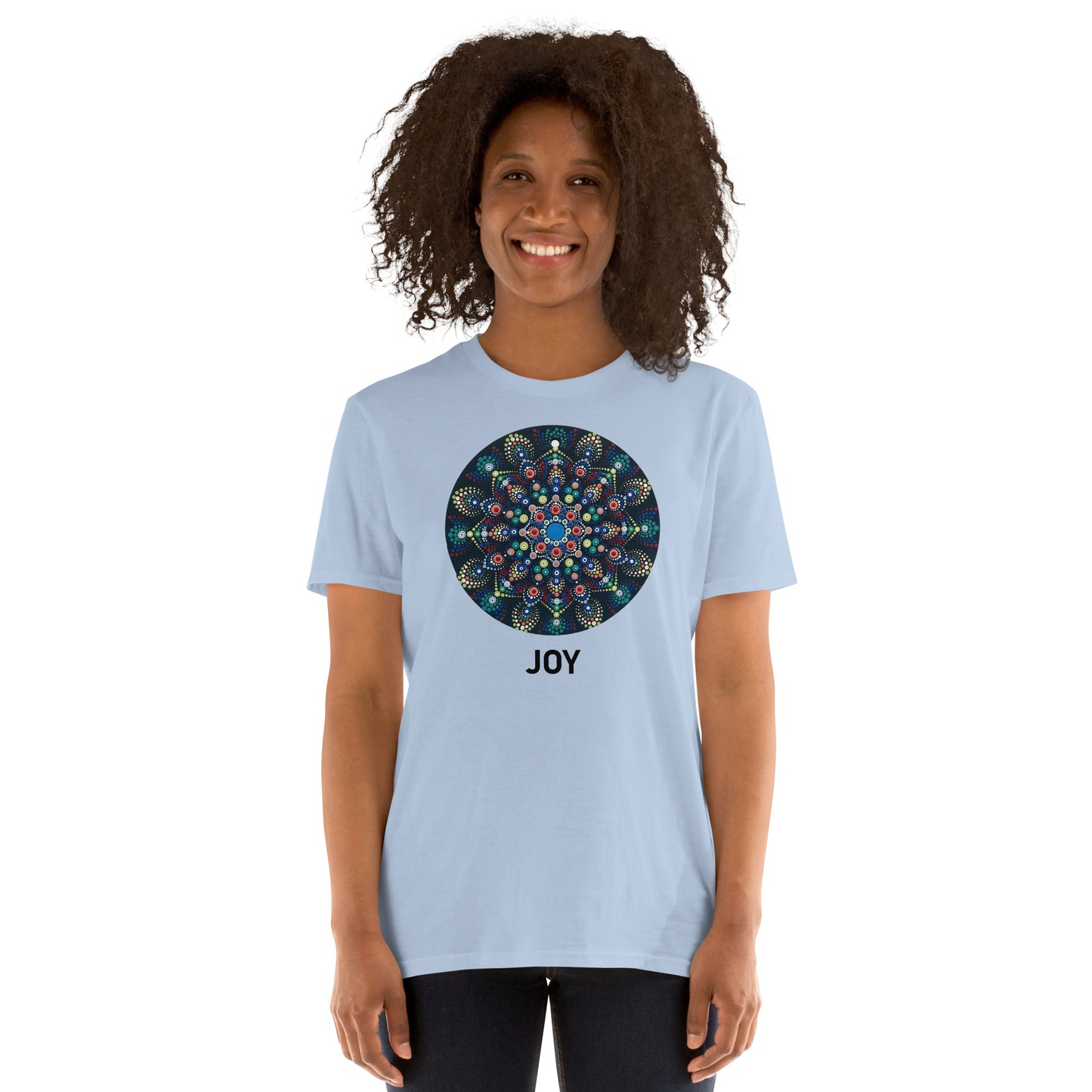 Unisex Softstyle T-Shirt (mandala with colorful dots | on front | JOY in black lettering)