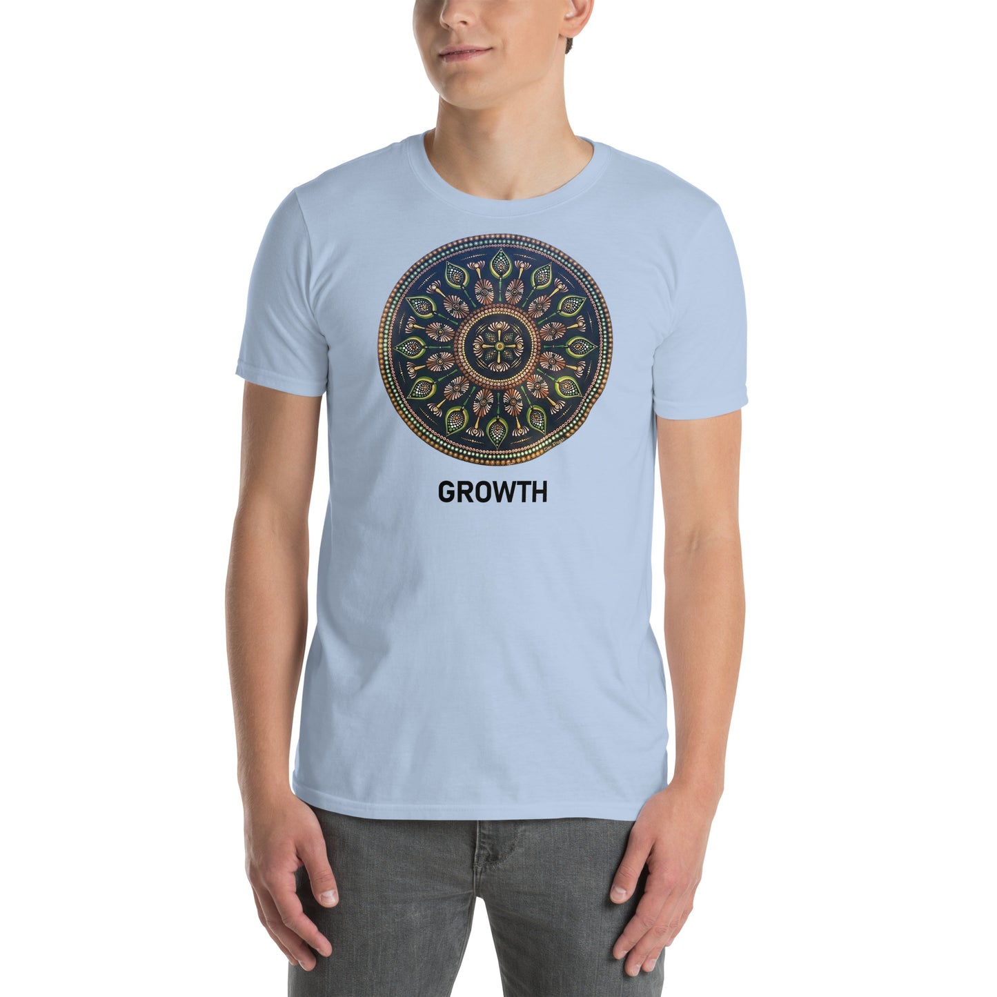 Unisex Softstyle T-Shirt (mandala with cross in the core | on front | GROWTH in black lettering)