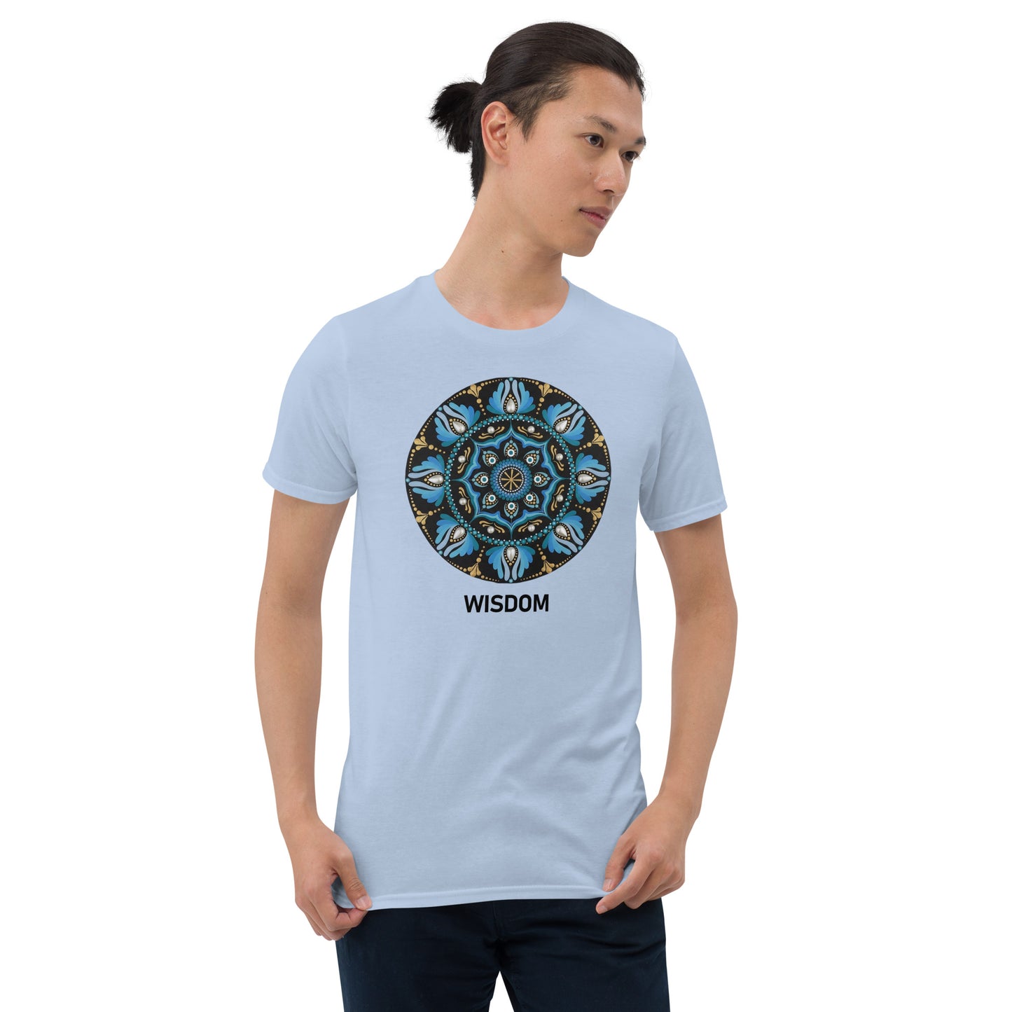 Unisex Softstyle T-Shirt (mandala with spokes in core | on front | WISDOM in black lettering)