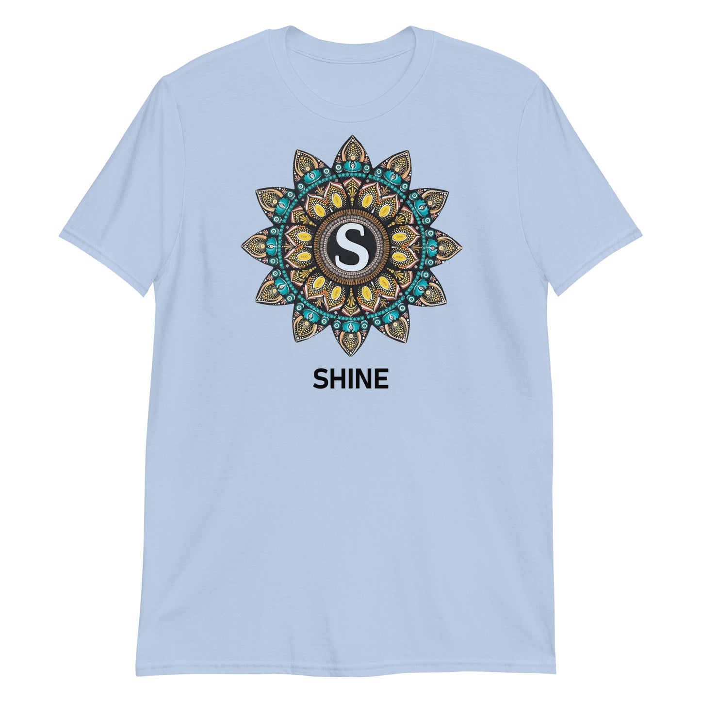 Unisex Softstyle T-Shirt (mandala with "S" in core | on front | SHINE in black lettering)
