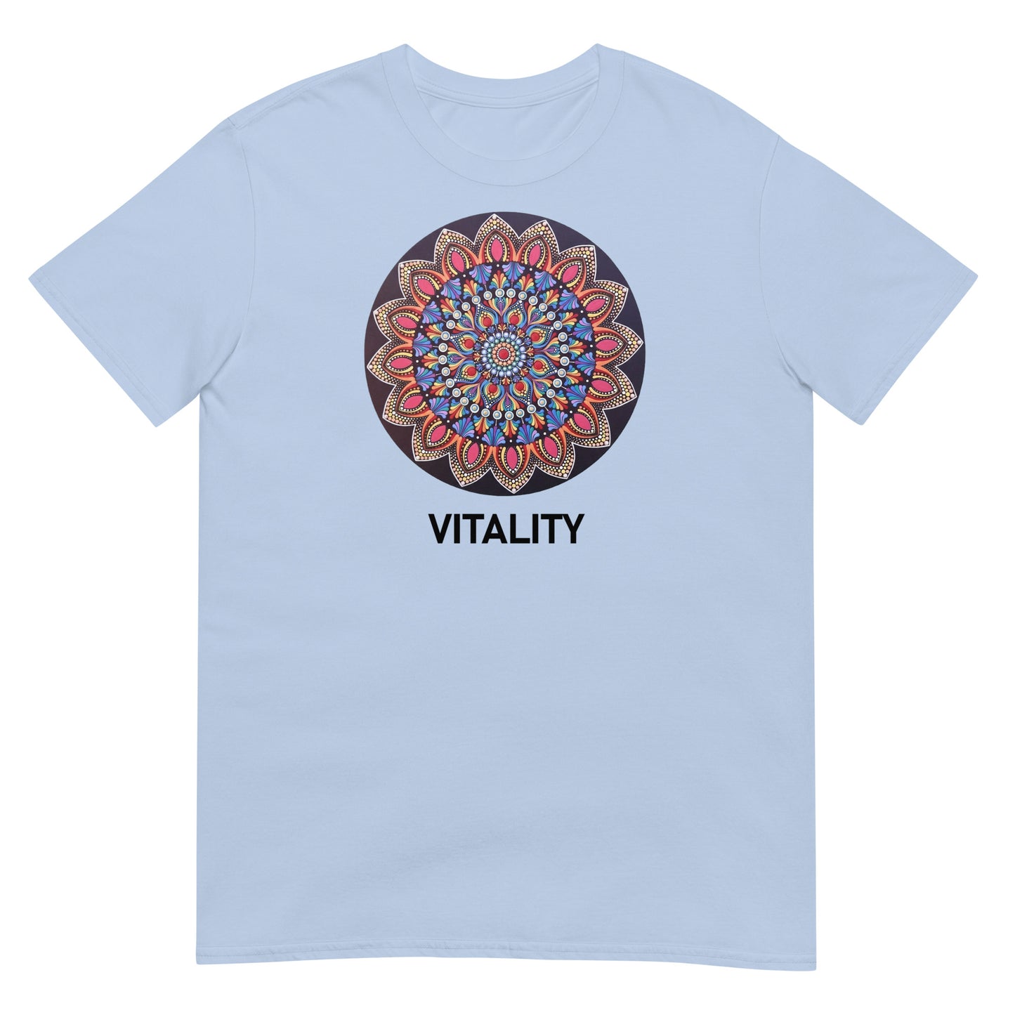 Unisex Softstyle T-Shirt (mandala with pink petals | on front | VITALITY in black lettering)