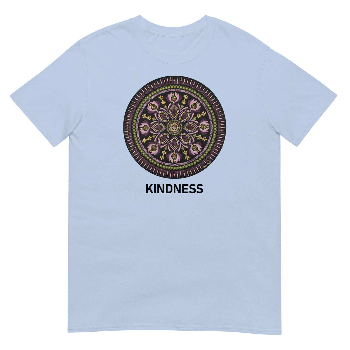 Unisex Softstyle T-Shirt (mandala with magenta rim | on front | KINDNESS in black lettering)