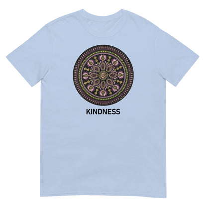 Unisex Softstyle T-Shirt (mandala with magenta rim | on front | KINDNESS in black lettering)