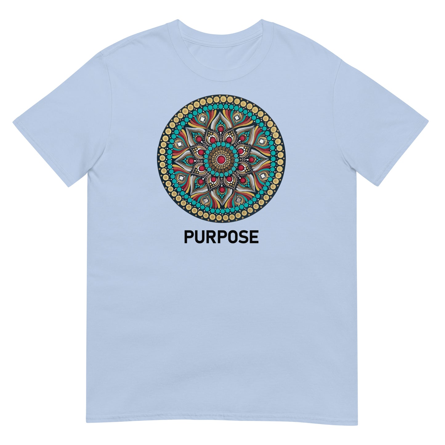 Unisex Softstyle T-Shirt (mandala with red core | on front | PURPOSE in black lettering)