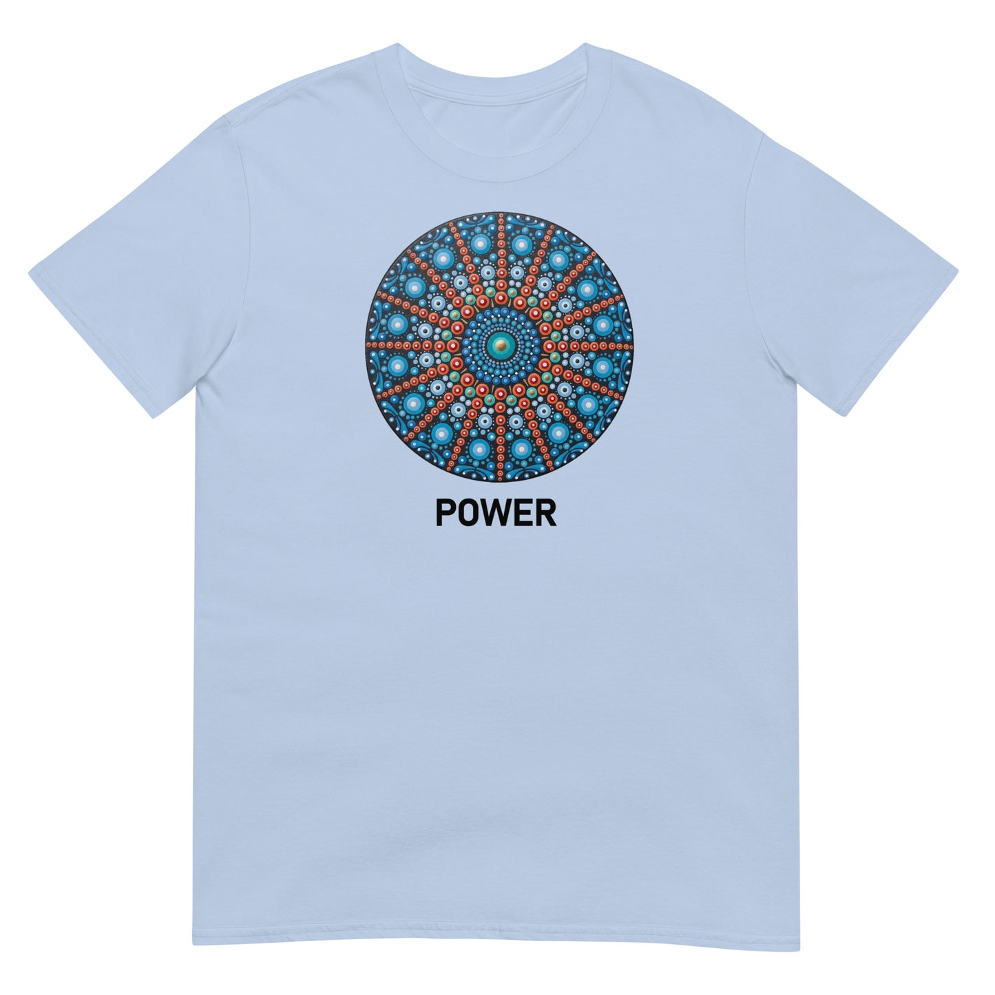 Unisex Softstyle T-Shirt (mandala with red lines | on front | POWER in black lettering)