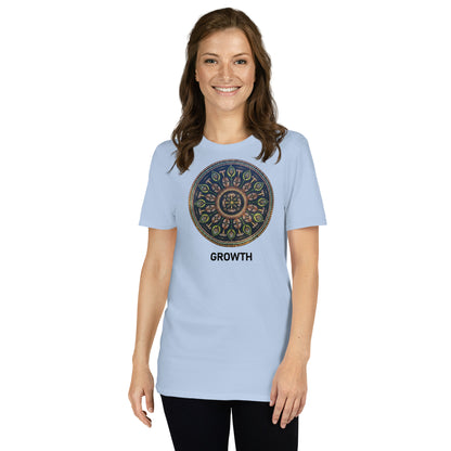 Unisex Softstyle T-Shirt (mandala with cross in the core | on front | GROWTH in black lettering)