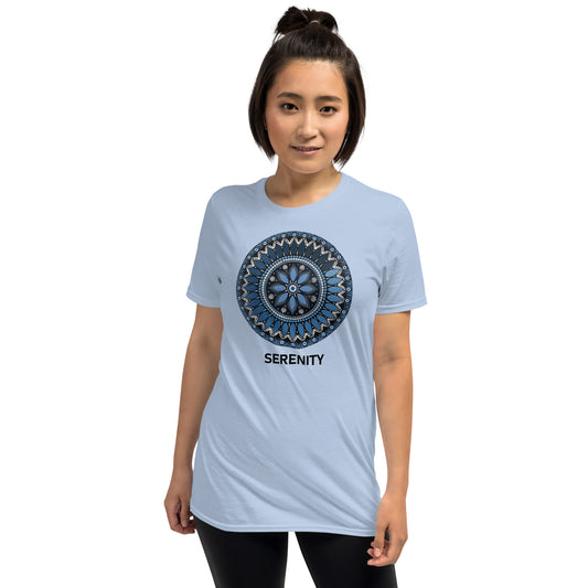 Unisex Softstyle T-Shirt (mandala with blue and white core | on front | SERENITY in black lettering)