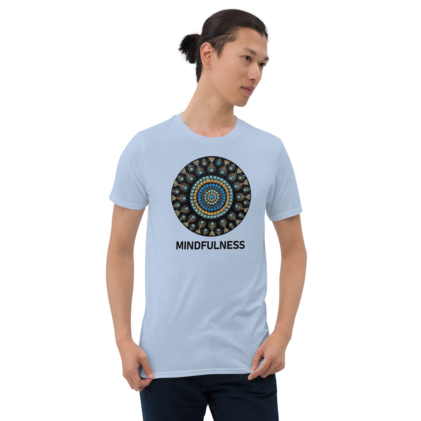 Unisex Softstyle T-Shirt (mandala with blue dots and black back | on front | MINDFULNESS in black lettering)