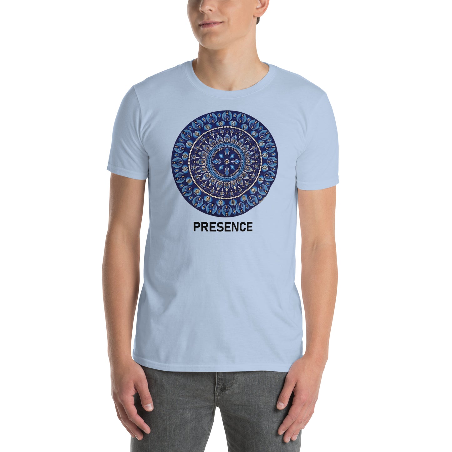Unisex Softstyle T-Shirt (mandala with 4 diamonds | on front | PRESENCE in black lettering)