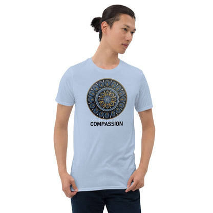 Unisex Softstyle T-Shirt (mandala with gold rim | on front | COMPASSION in black lettering)