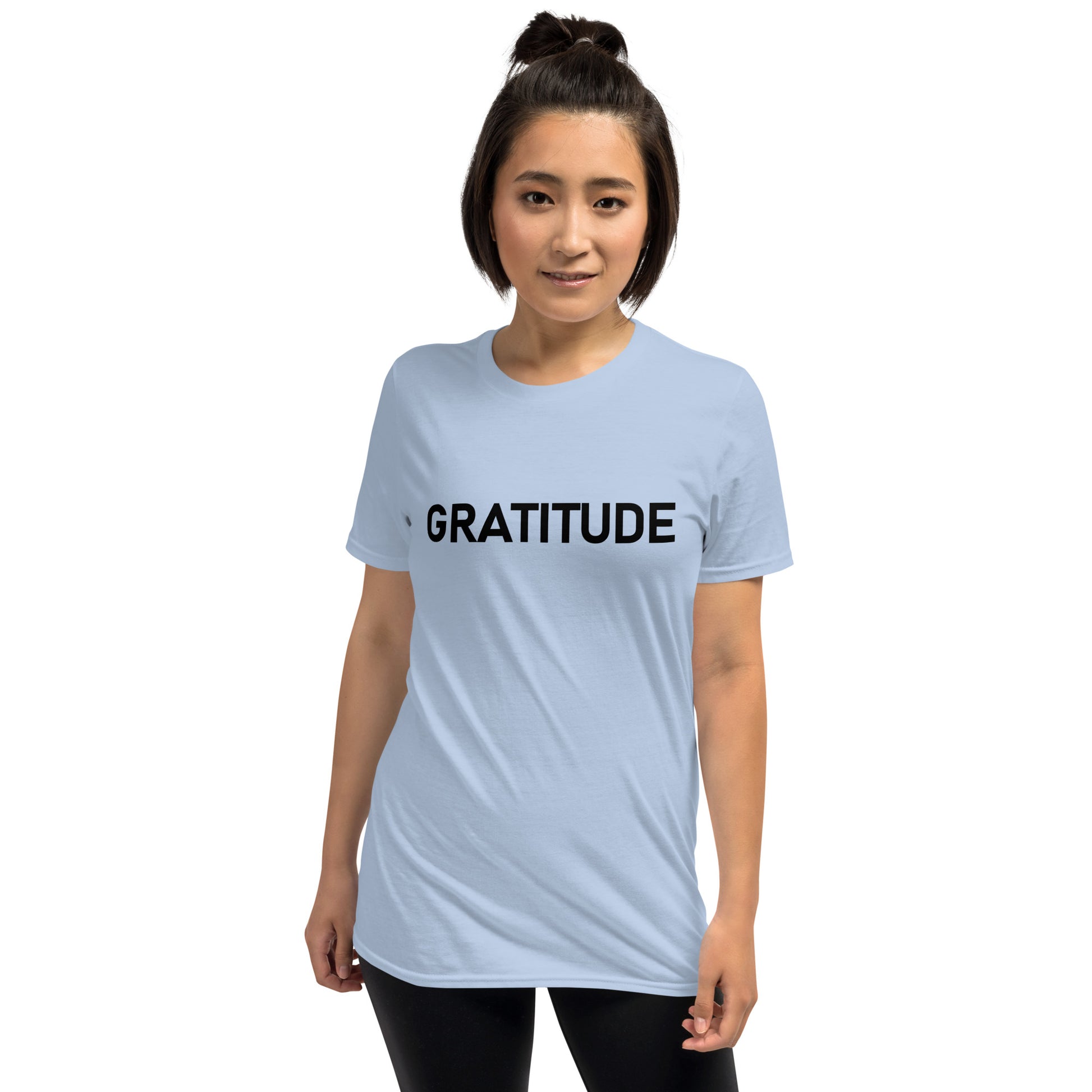 Unisex Softstyle T-Shirt (mandala green and gold rim on back | GRATITUDE in black lettering on front)