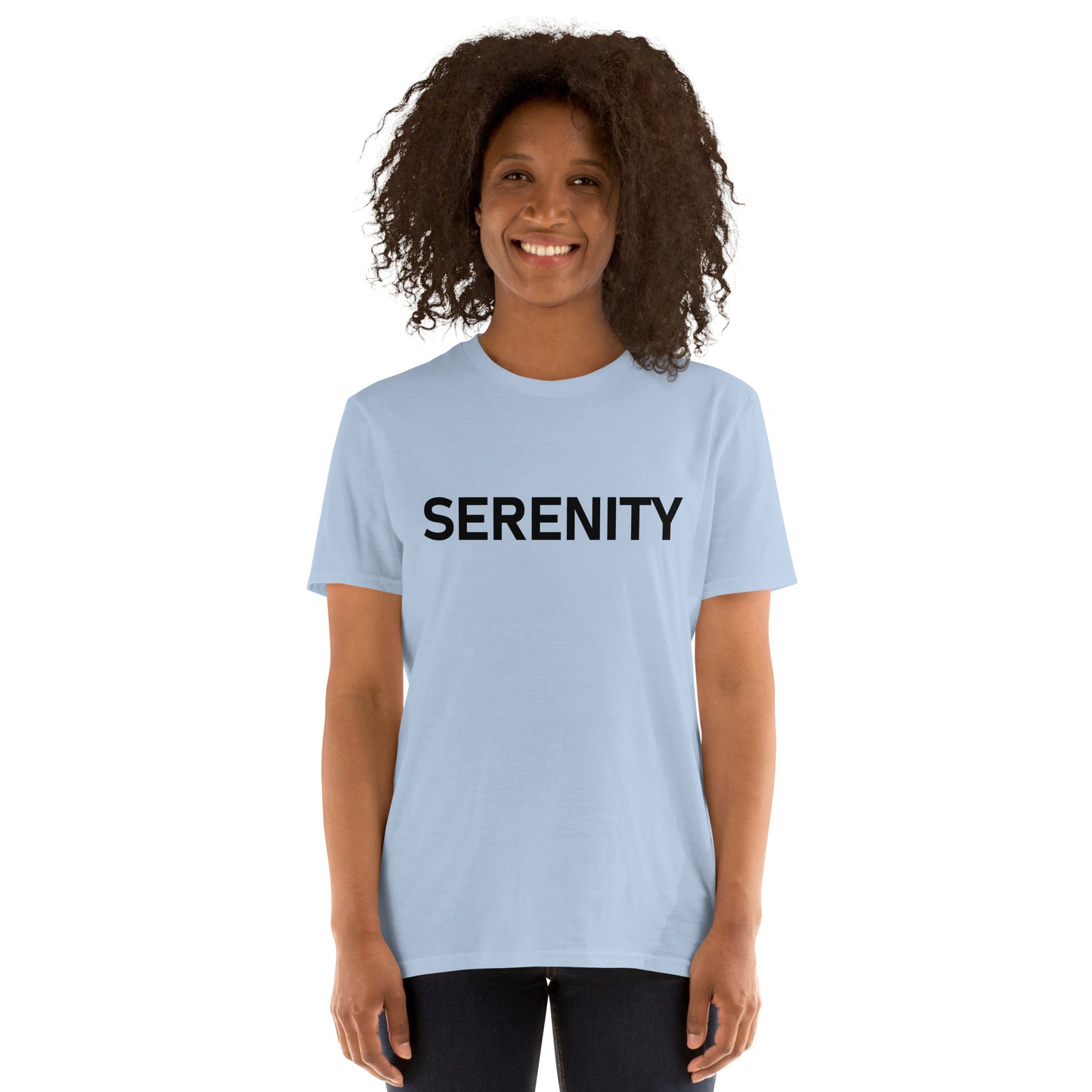Unisex Softstyle T-Shirt (mandala with blue and white core on back | SERENITY in black lettering on front)
