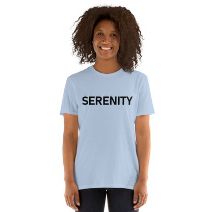Unisex Softstyle T-Shirt (mandala with blue and white core on back | SERENITY in black lettering on front)